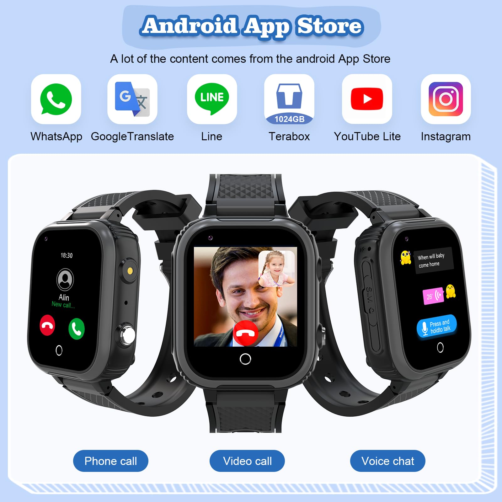 4G Smart Watch For Kids With Gps Tracker Video Calling, Text Voice & Whatsapp, Sos, Music, Bluetooth, Camera, Wifi, Pedometer, C
